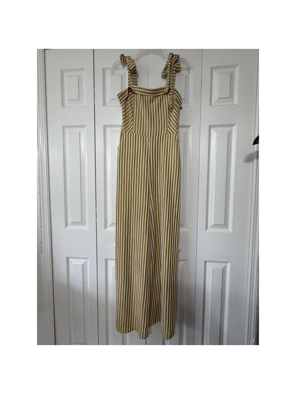 Flying Tomato Medium Mustard Yellow and Cream Striped Jumpsuit with Tie Straps
